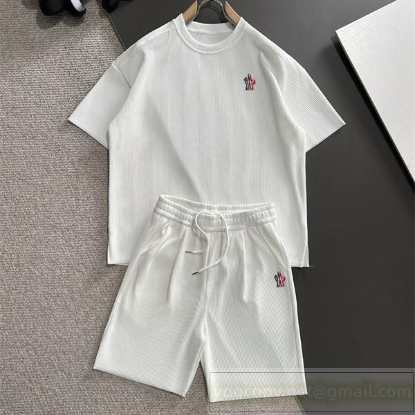 MONCLER 偽物 セットアップ ロゴ刺繍入り リブ編みTシャツ＆ショーツ カジュアルスウェット モンクレール