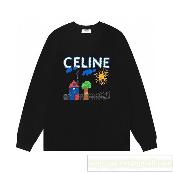 CELINE 偽物 長袖Tシャツ アートプリント カジュアル クルーネック コットン100% 人気デザイン セリーヌ