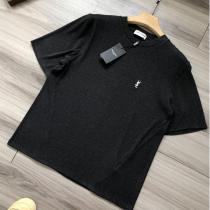 売れ筋 YSL コピー Tシャツ シンプルロゴ刺繍 クラシッククルーネック ブラック お洒落 サンローラン