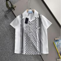 プラダ コピー シャツ ドット＆ストライプ切替 オープンカラーシャツ モダンエレガンス PRADA