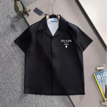 プラダ　コピー シャツ ワンポイントロゴ刺繍 半袖オープンカラー ミニマルデザイン ブラック PRADA