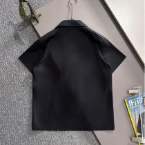 プラダ　コピー シャツ ワンポイントロゴ刺繍 半袖オープンカラー ミニマルデザイン ブラック PRADA