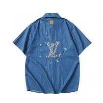 LOUIS VUITTON コピー シャツ モチーフ刺繍 デニム風半袖ボタン  夏のカジュアルマリン ルイヴィトン