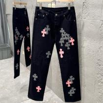 クロムハーツ コピー ジーンズ パンク風クロスアップリケ ブラックデニムボトムス CHROME HEARTS