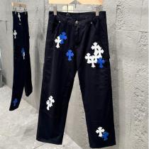  CHROME HEARTS 偽物 ジーンズ ホワイト&ブルークロスパッチ ブラックデニム パンクスタイル クロムハーツ