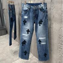 クロムハーツ コピー ジーンズ ヴィンテージクラッシュデザイン ブラッククロス刺繍デニム CHROME HEARTS