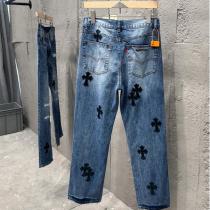 クロムハーツ コピー ジーンズ ヴィンテージクラッシュデザイン ブラッククロス刺繍デニム CHROME HEARTS