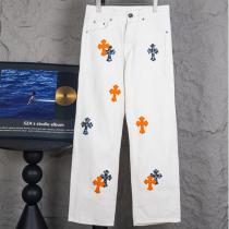 CHROME HEARTS 偽物 ジーンズ ホワイトクロスカスタムデニム 鮮烈オレンジ&ブルーパッチ クロムハーツ