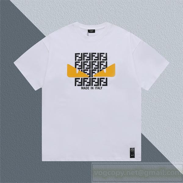  フェンディ コピー Tシャツ モンスターアイ＆FFロゴプリント入り クルーネック イタリア風 FENDI
