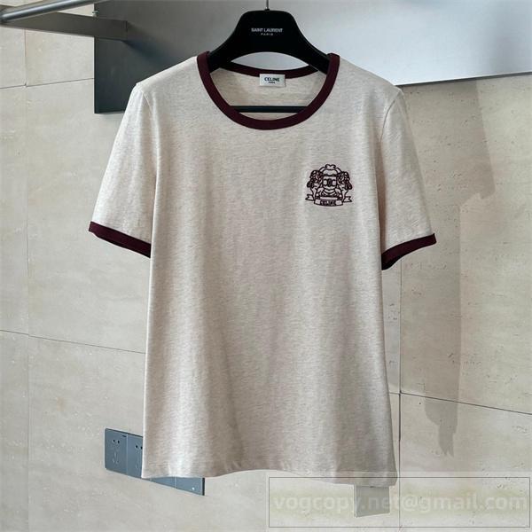 CELINE コピー Tシャツ クレストロゴ刺繍入り バイカラーネック＆スリーブ 上品 カジュアル セリーヌ