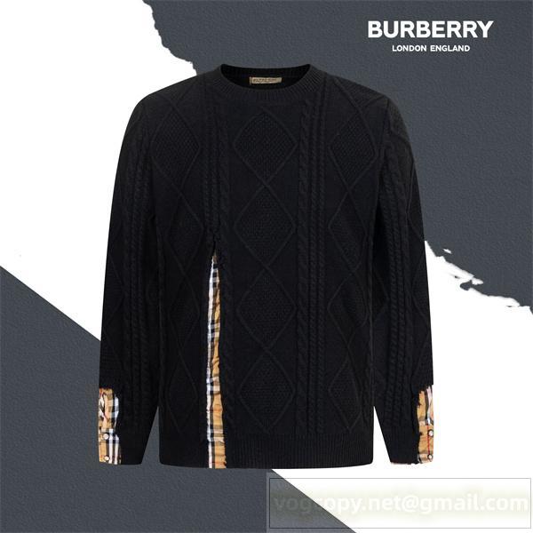バーバリー 偽物 ケーブルニット 異素材切替 クラシックチェック アクセント BURBERRY