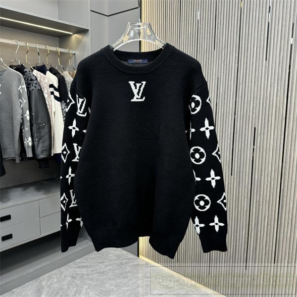  LOUIS VUITTON 偽物 ニットセーター モノグラム 袖ロゴ  ブラック スタイリッシュ ルイヴィトン