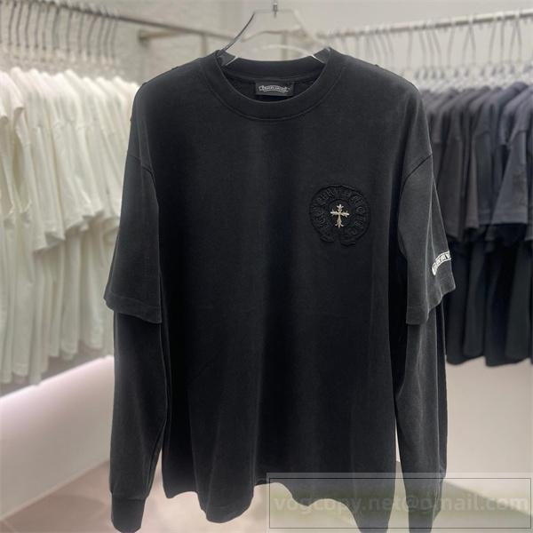 クロムハーツ 偽物 ロングTシャツ 上品 シンプル クロス ワンポイント CHROME HEARTS