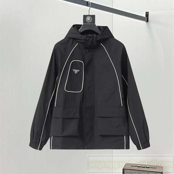 限定 プラダ 偽物 洗練 クラシック フードジャケット ホワイトパイピング PRADA