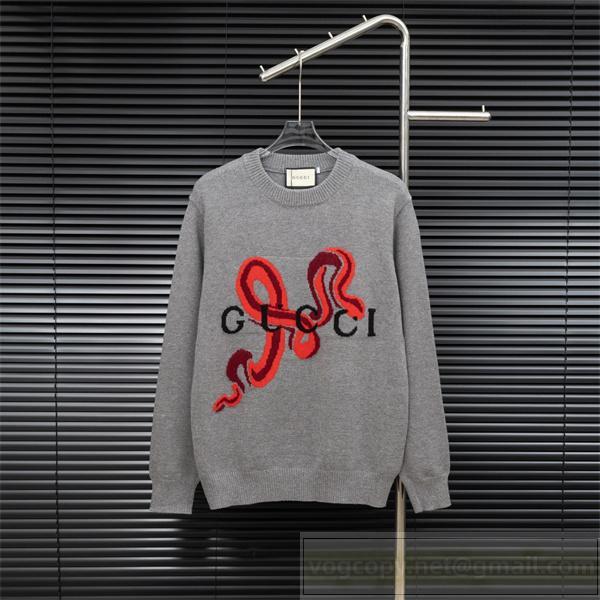 Gucc1 偽物 セーター 上品 独特 デザイン ニット グレー スネーク刺繍 クルーネック Gucc1