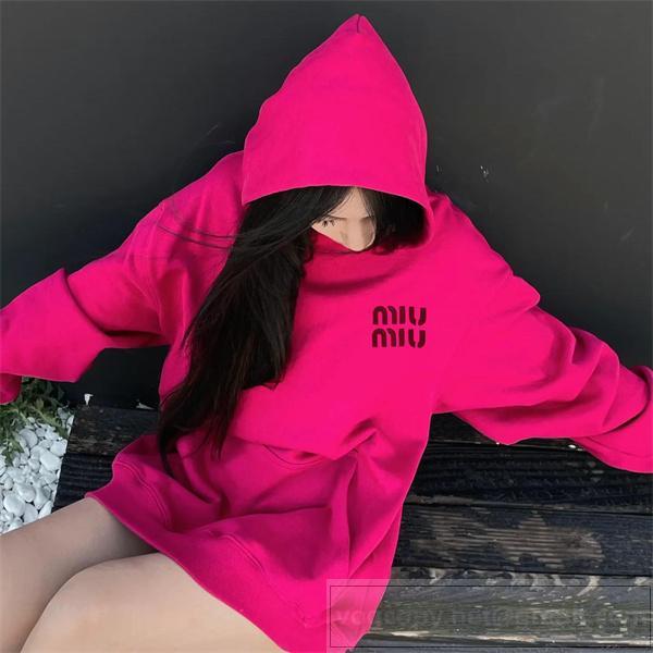 ミュウミュウ 偽物 パーカー レディース フーディー ピンク カジュアル モード MIU MIU