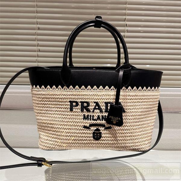 プラダ コピー トートバッグ ラフィア編み ブラックレザーコンビ 大容量 新登場 PRADA