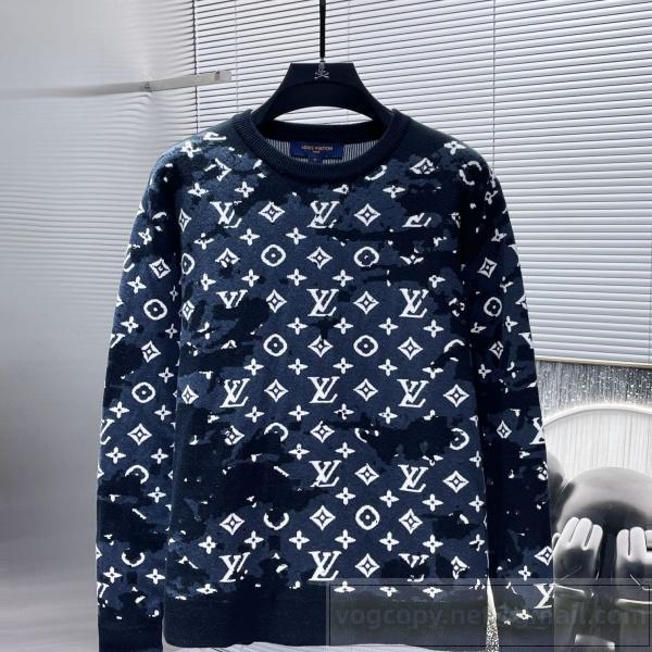 LOUIS VUITTON 偽物 ニット セーター モノグラム 総柄 ネイビー 高級 おしゃれ ルイヴィトン
