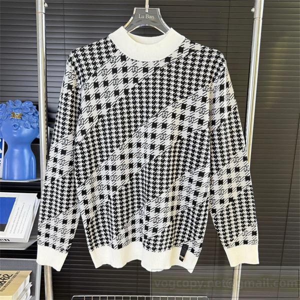 フェンディ 偽物 ニット 千鳥格子 デザイン モノトーン クルーネック セーター FENDI 