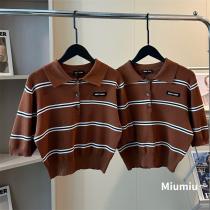 ミュウミュウ コピー ニットポロシャツ ボーダー 半袖クロップド丈 カジュアル MIUMIU