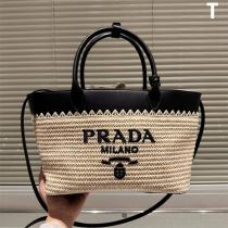プラダ コピー トートバッグ ラフィア編み ブラックレザーコンビ 大容量 新登場 PRADA