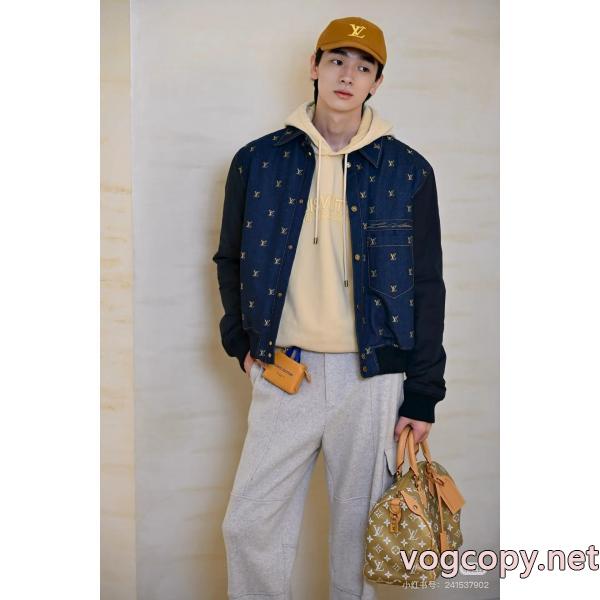 LOUIS VUITTON25ss全幅刺繍開襟ロゴナイロン袖ジョイントデニムコットンコート