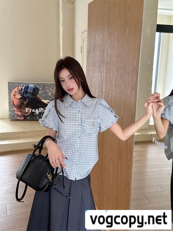 MIUMIU 偽物 シャツ ギンガムチェック ブルー ホワイト フリル ロゴ 
