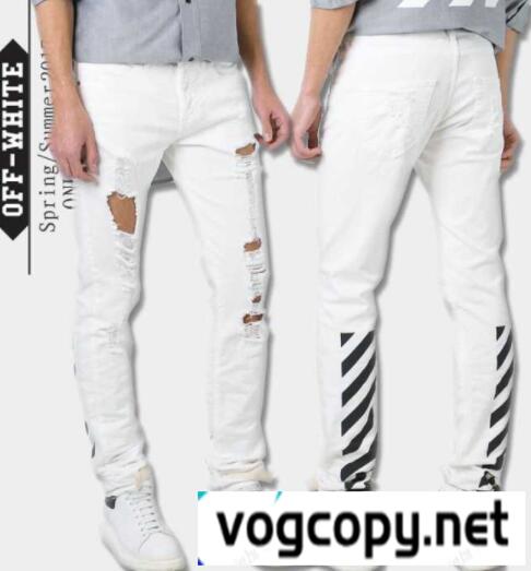 ファッション オフホワイトデニムパンツ OFF-WHITE メンズプリントディテールデニムジーンズスリムパンツ