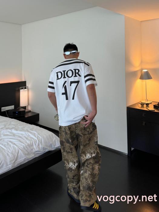 DIOR47アルファベットストライプパッチワークプリント半袖Tシャツ_0_3
