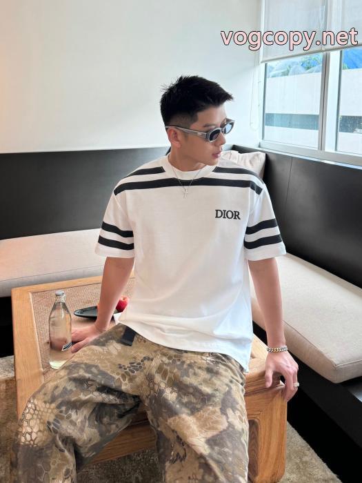 DIOR47アルファベットストライプパッチワークプリント半袖Tシャツ_0_4
