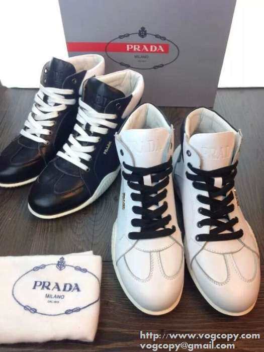 完璧な白黒の結合！2015 PRADA プラダ ハイカットスニーカー 2色可選 抗菌?防臭加工
