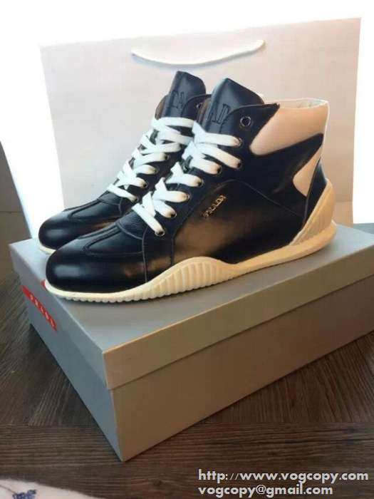 完璧な白黒の結合！2015 PRADA プラダ ハイカットスニーカー 2色可選 抗菌?防臭加工