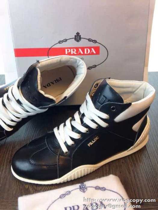 完璧な白黒の結合！2015 PRADA プラダ ハイカットスニーカー 2色可選 抗菌?防臭加工
